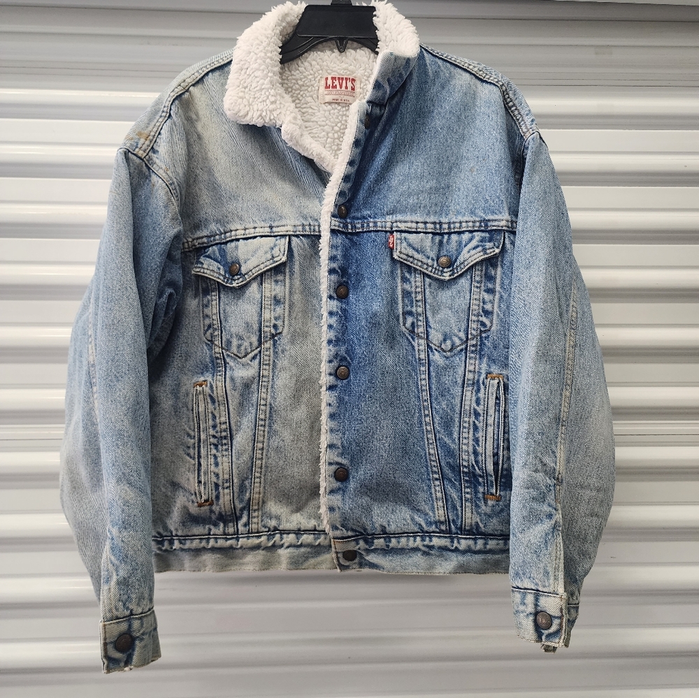 90s levis Vtg Two Tones Sherpa Lined Trucker Denim Jean Jacket Size Large